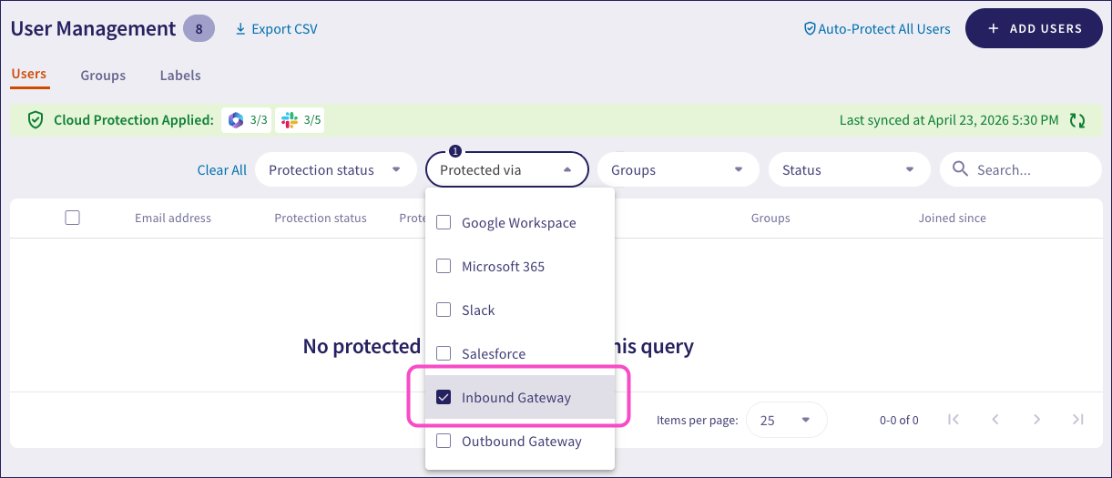 Inbound Gateway selected in Protected apps dropdown