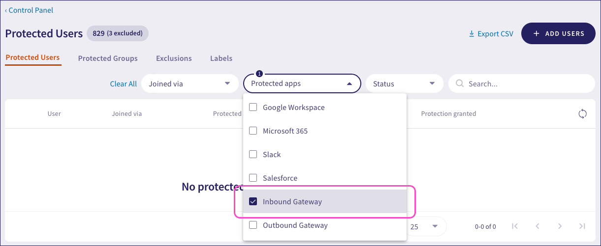 Inbound Gateway selected in Protected apps dropdown