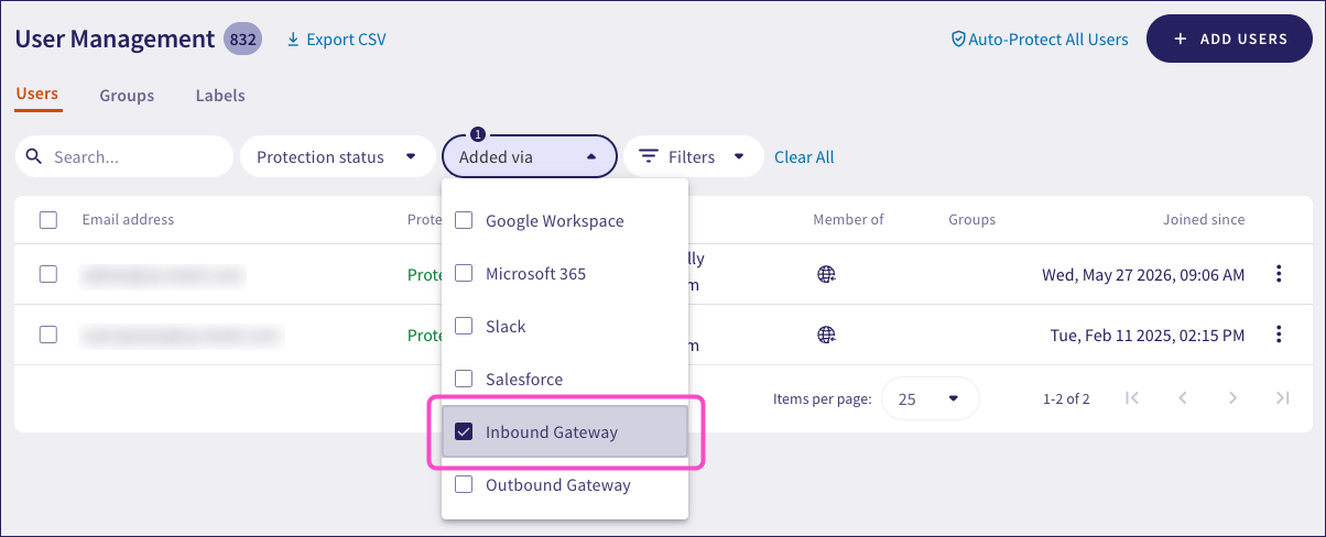Inbound Gateway selected in Protected apps dropdown