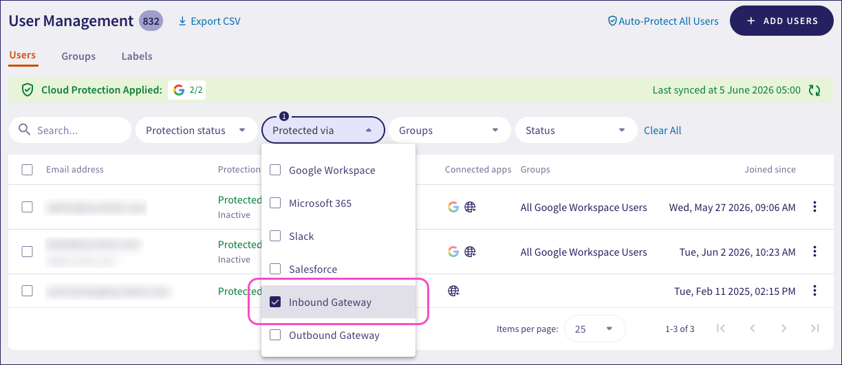 Inbound Gateway selected in Protected apps dropdown