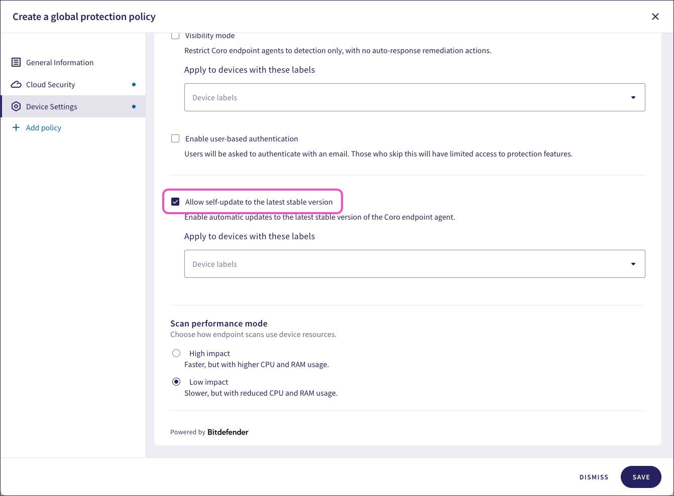 Device settings policy - enabling self-update