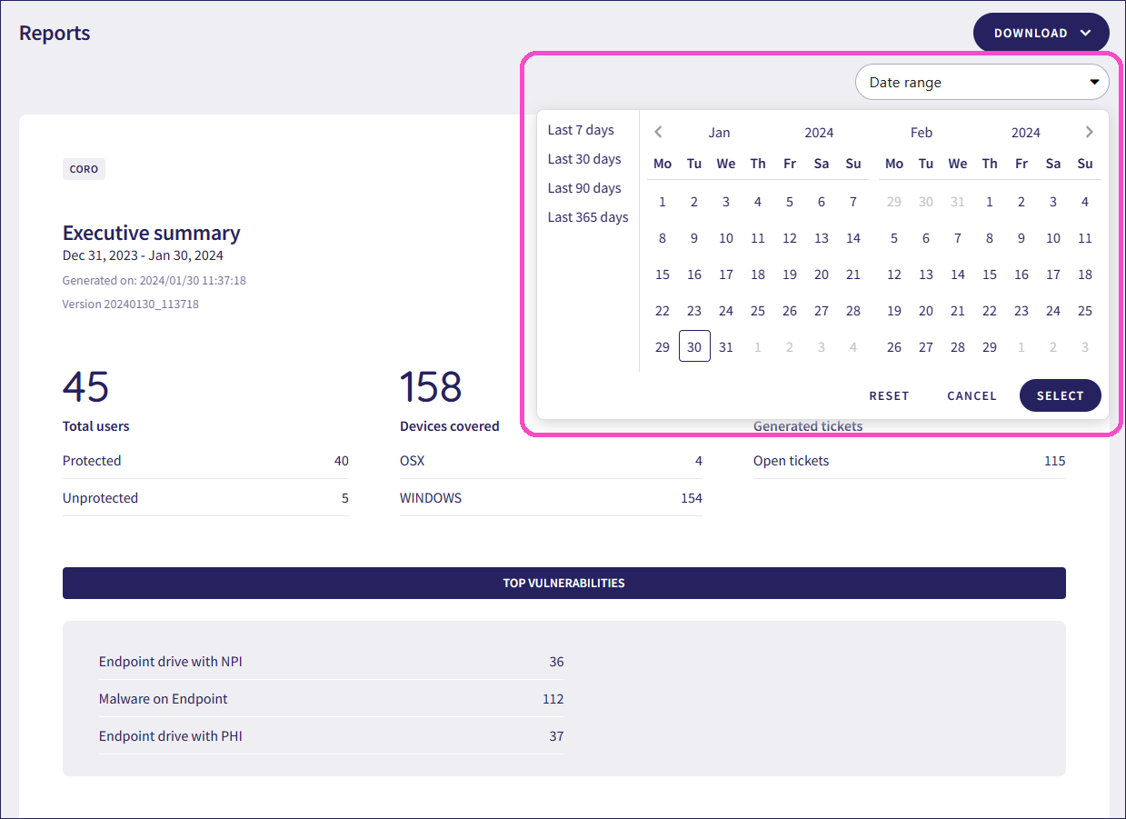 Date range for report