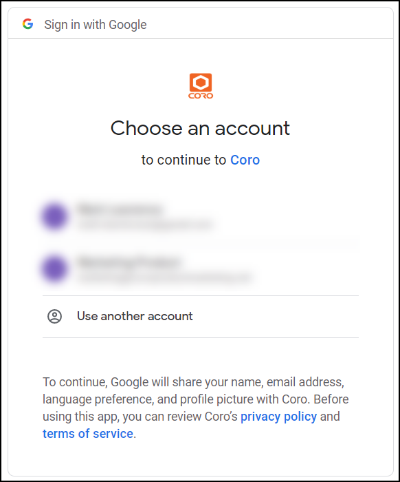 Choose an account screen