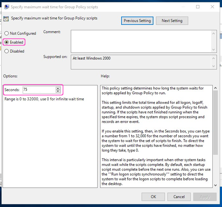 Set a wait time for Group Policy scripts