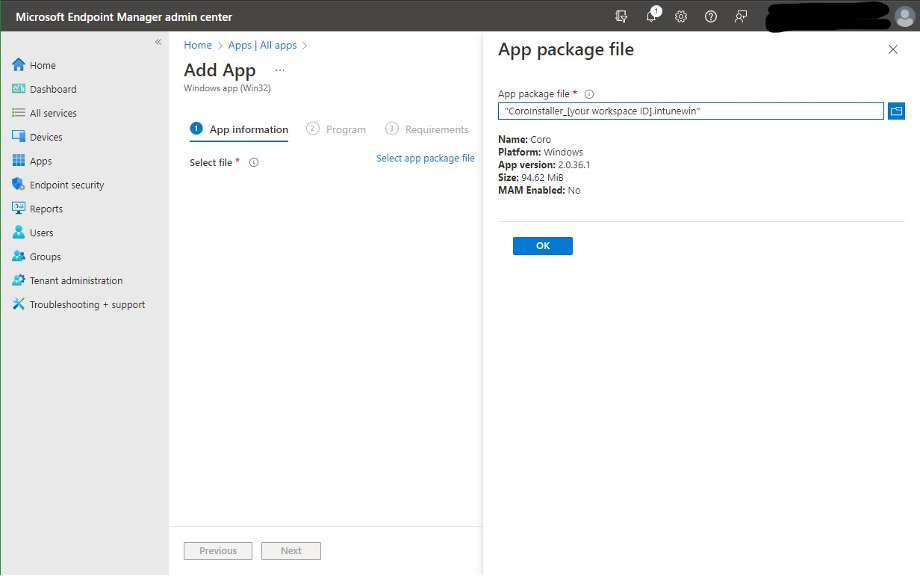 Adding a new App in Microsoft Endpoint Manager admin center