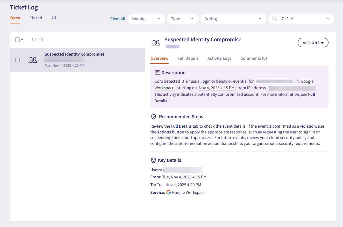 Suspected identity compromise ticket