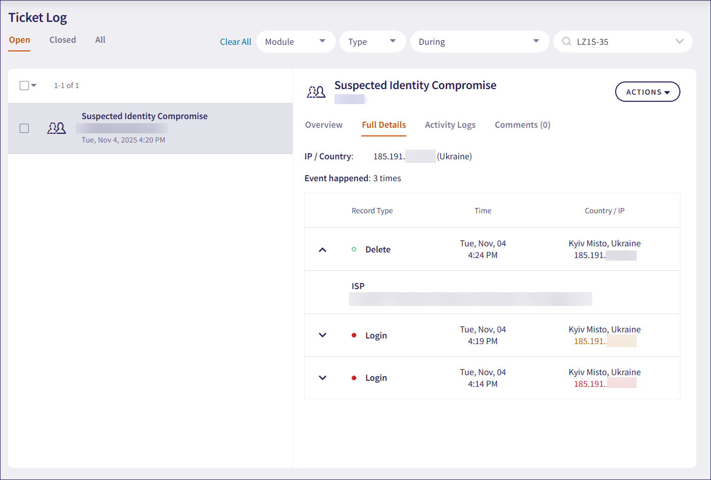 Suspected identity compromise ticket details