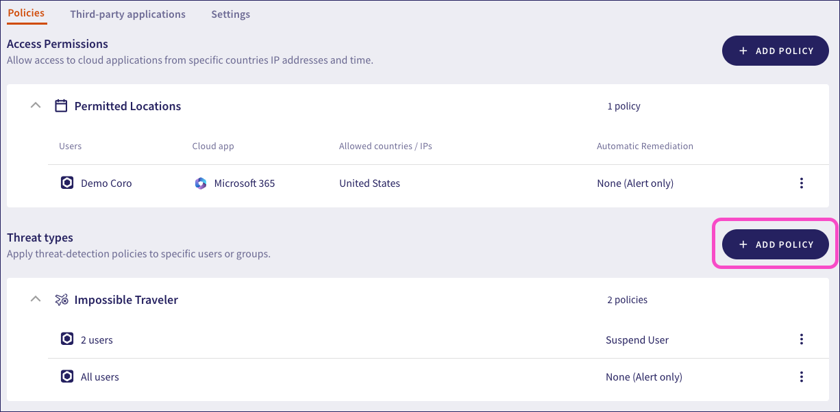 Threat types add policy button
