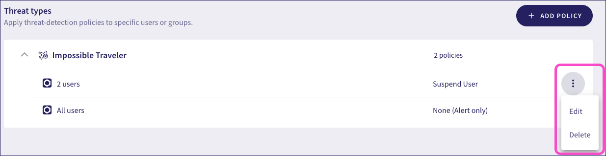 Threat detection policy menu