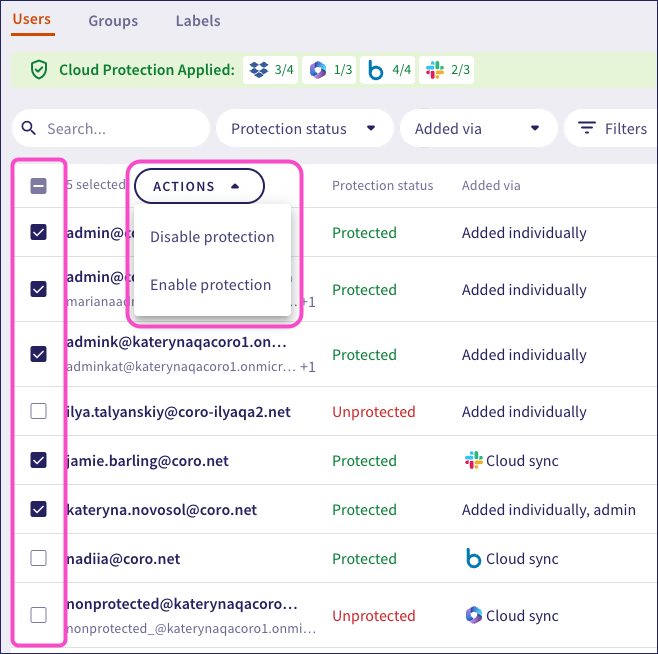 Performing actions on multiple users