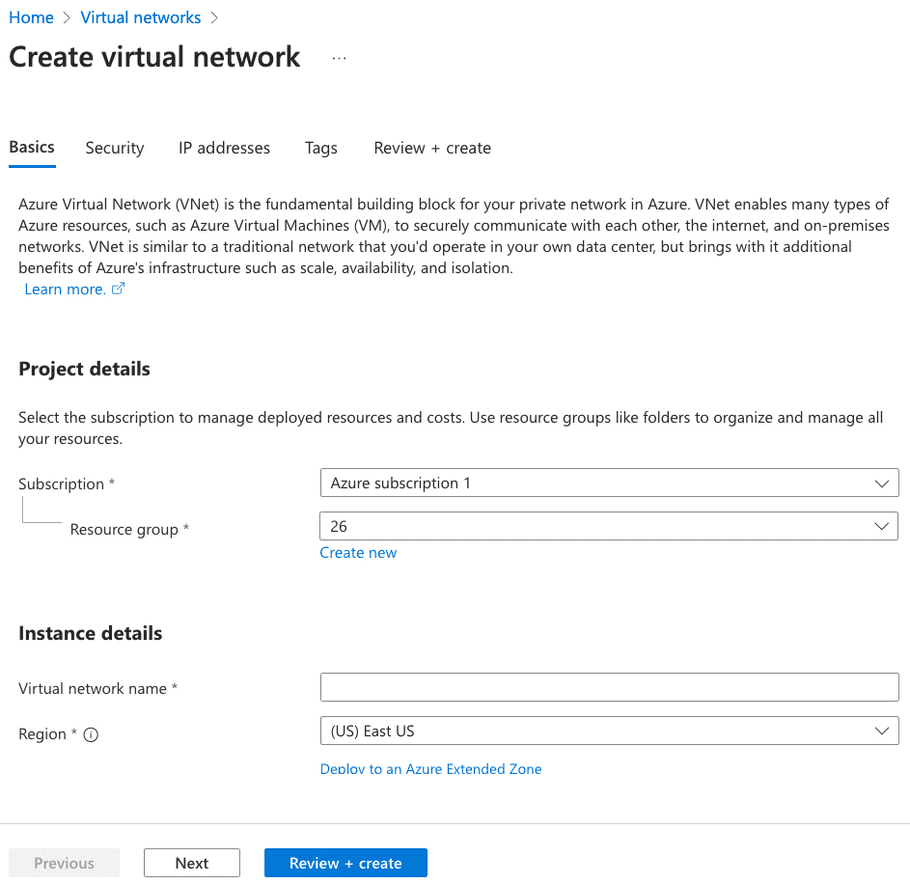 Azure Create virtual networks - Basics tab