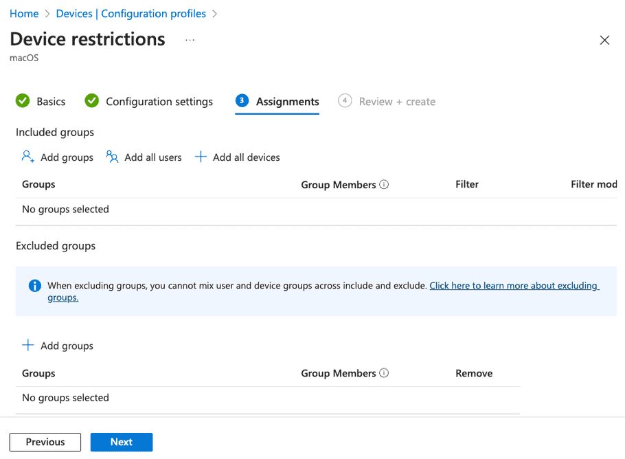 Device restrictions dialog - Assignments