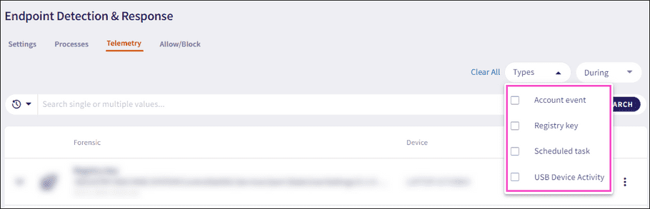 Telemetry type filter