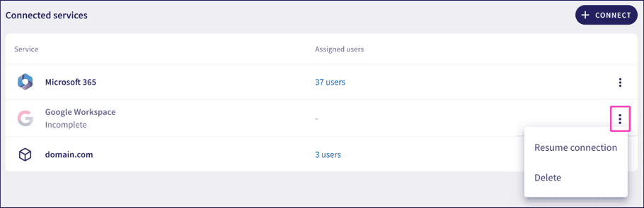 SAT settings tab - resume connection for an incomplete activation