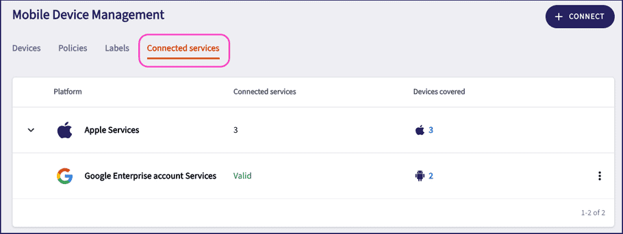 Connected services tab