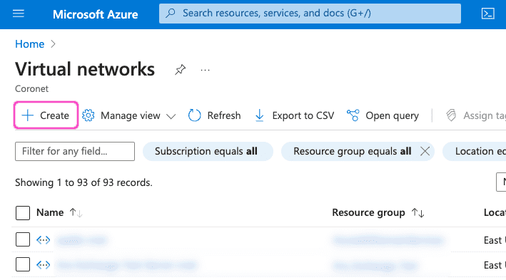 Azure virtual networks create button