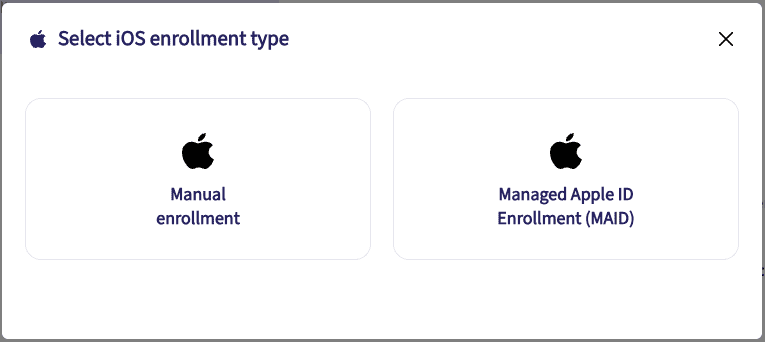 Select iOS enrollment type dialog