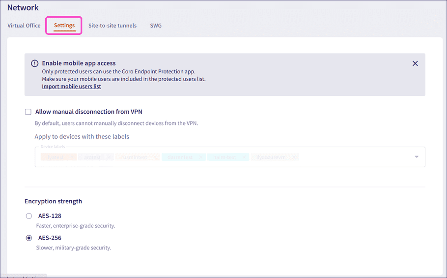 Settings tab