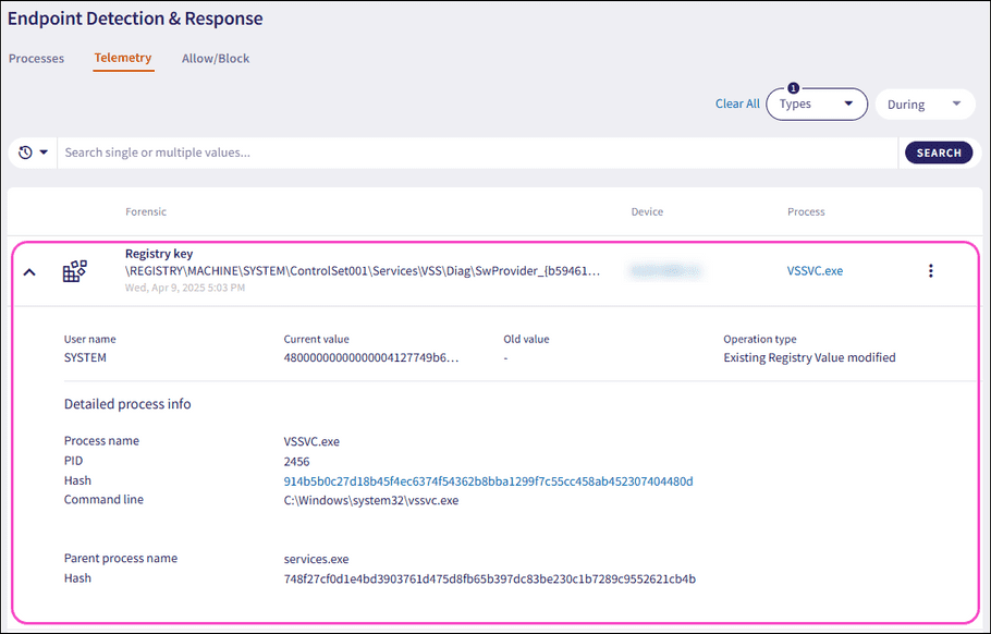 Registry key detailed process info