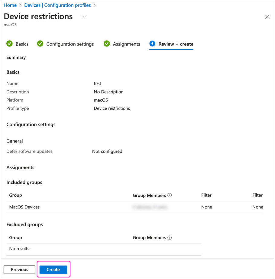 Device restrictions dialog - Review and Create