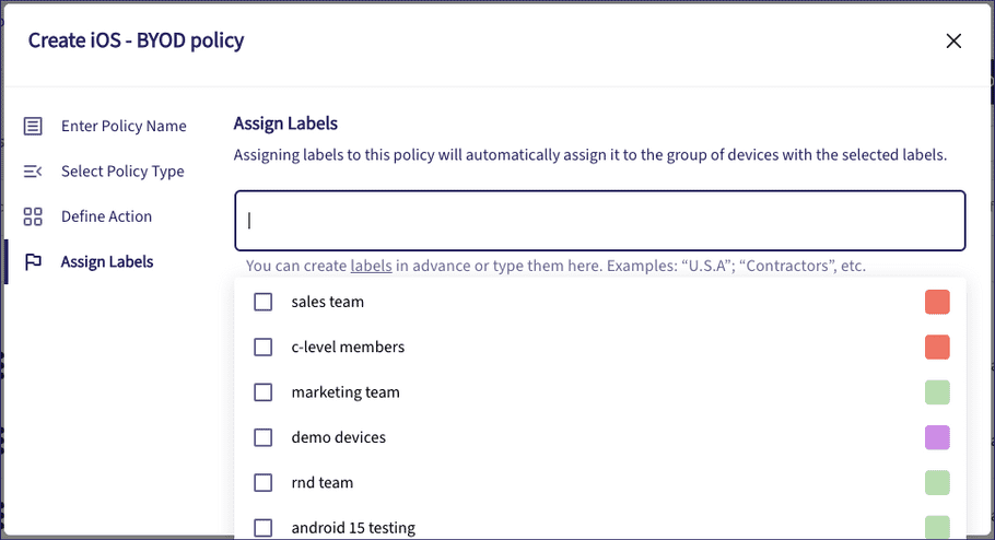 Assigning labels to the policy