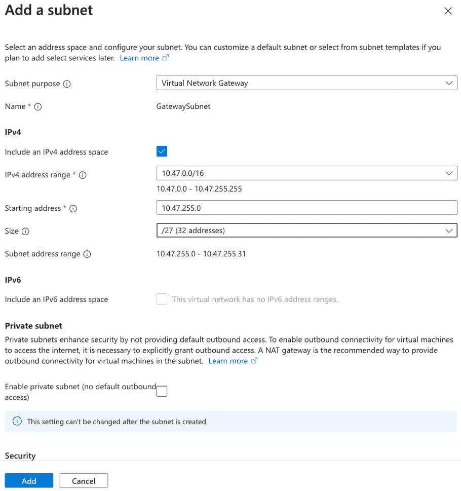 Azure Create virtual networks - Add a subnet