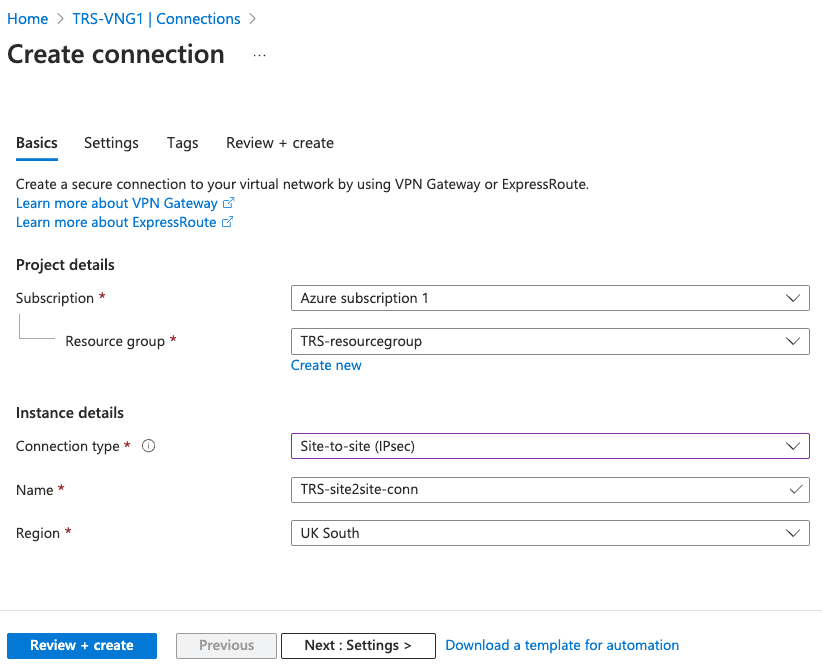 Azure Create connection - Basics tab