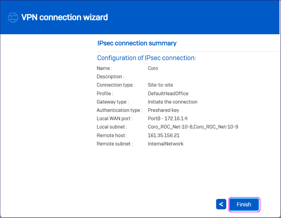 VPN connection wizard - configuration summary