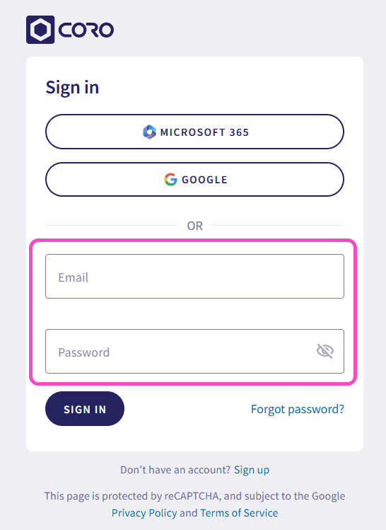 Coro console sign-in