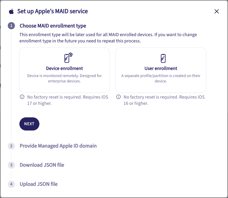 Set up Apple's MAID service dialog