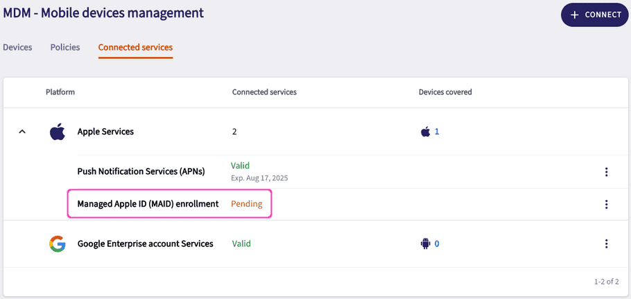 Connected services showing MAID enrollment pending