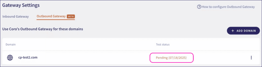 Domain added with test status of pending
