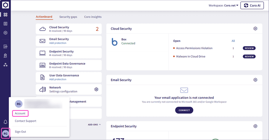 User profile menu