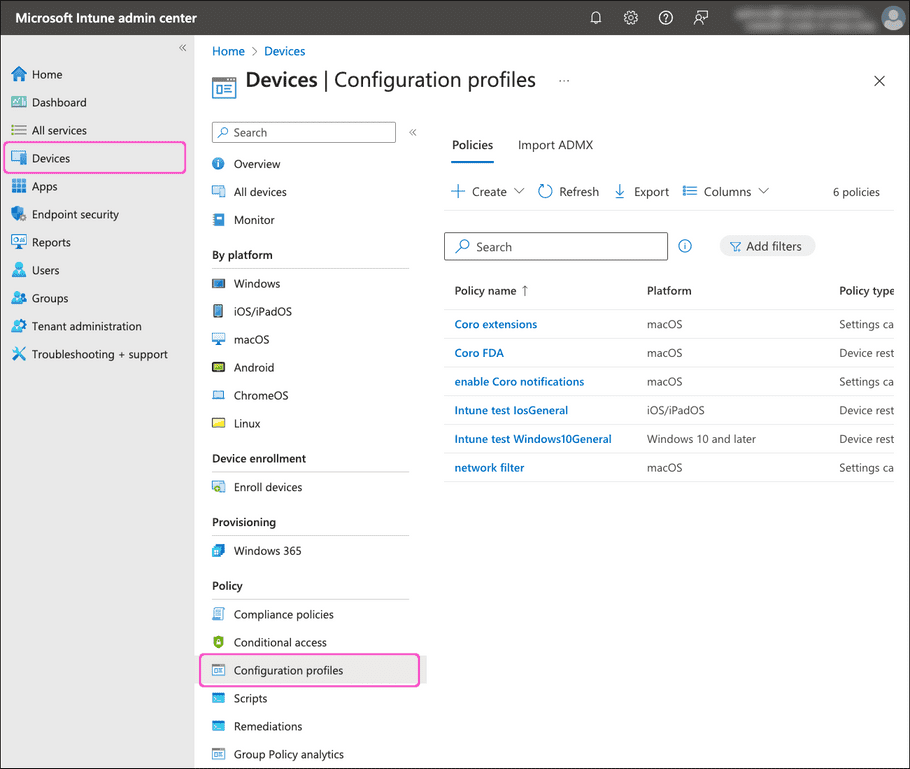 Selecting Devices > Configuration profiles