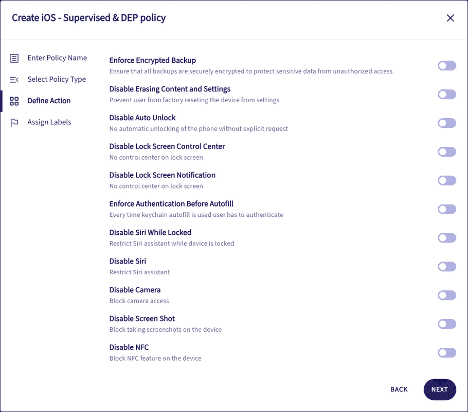 Setting security policy parameters