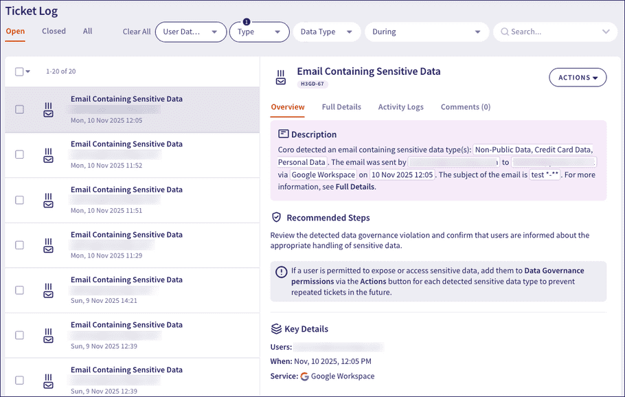 Email Containing Sensitive Data tickets