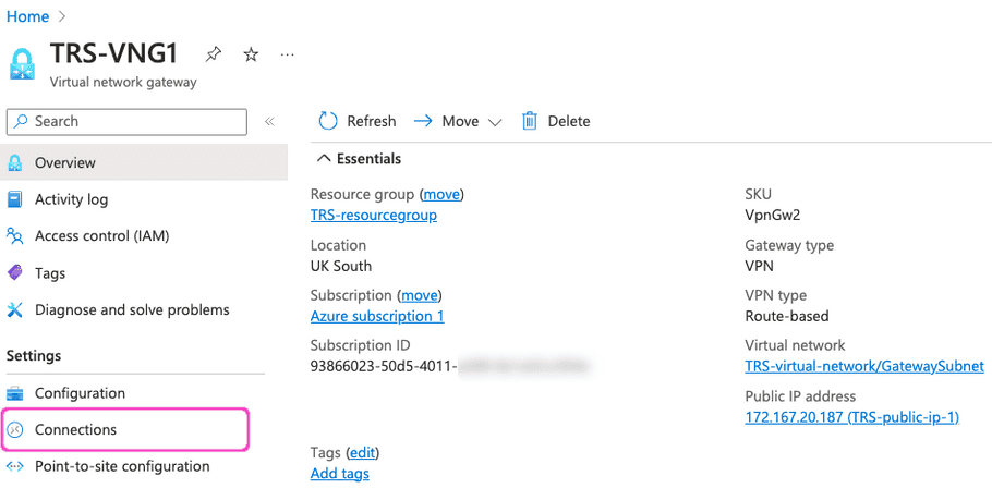 Azure virtual network gateway - selecting Connections
