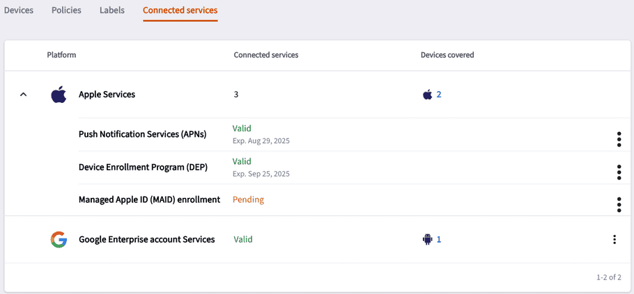 Currently connected Apple services