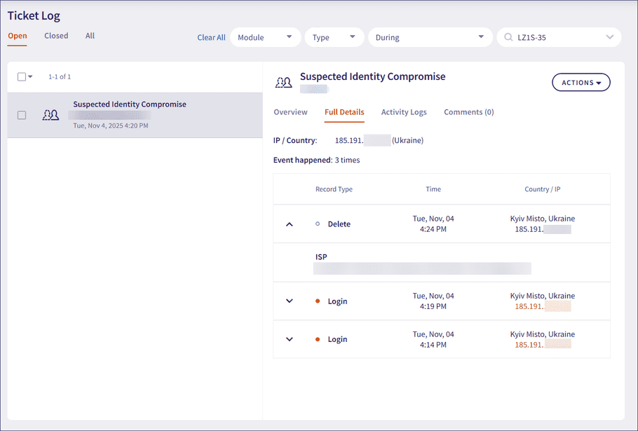 Suspected identity compromise ticket details