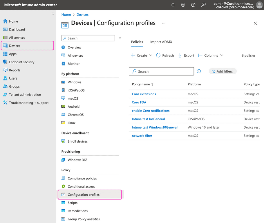 Selecting Devices > Configuration profiles