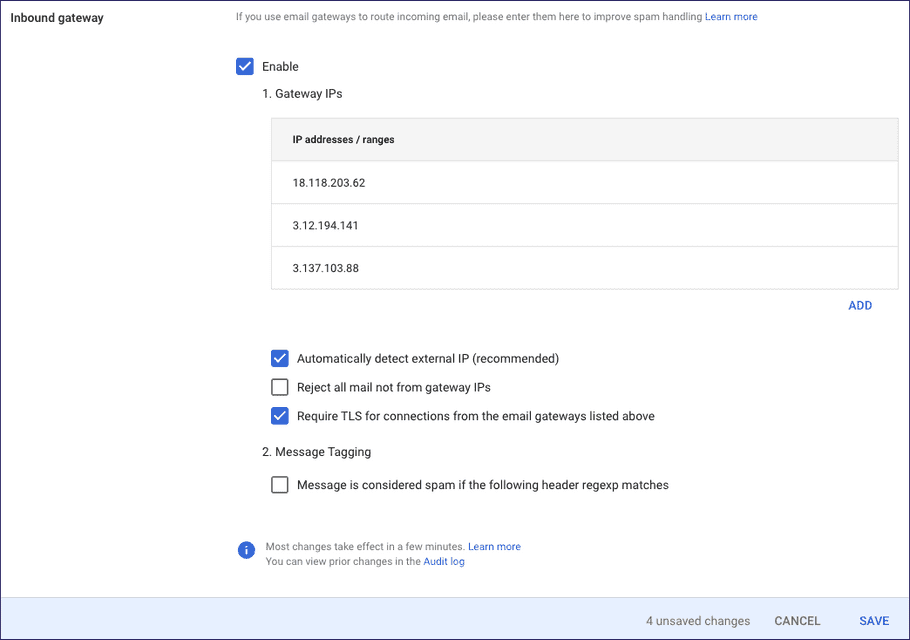 Gmail - Inbound gateway settings page