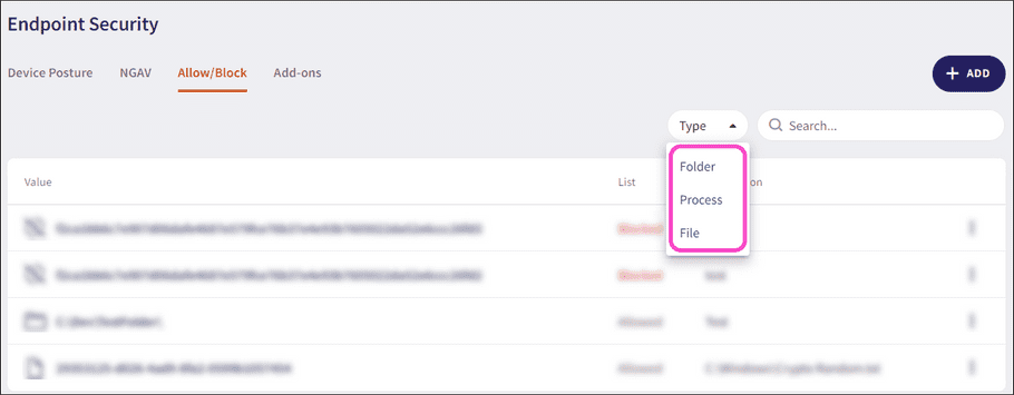 Type filter