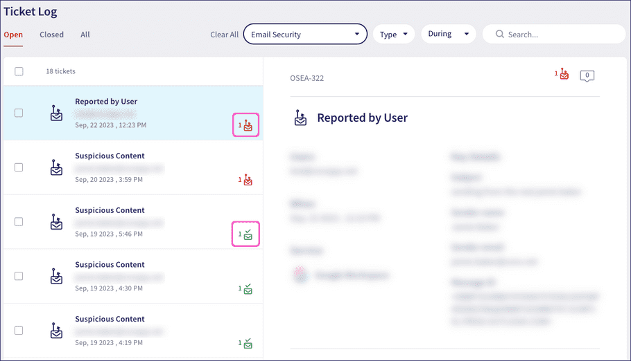 User-reported phishing and safe ticket icons