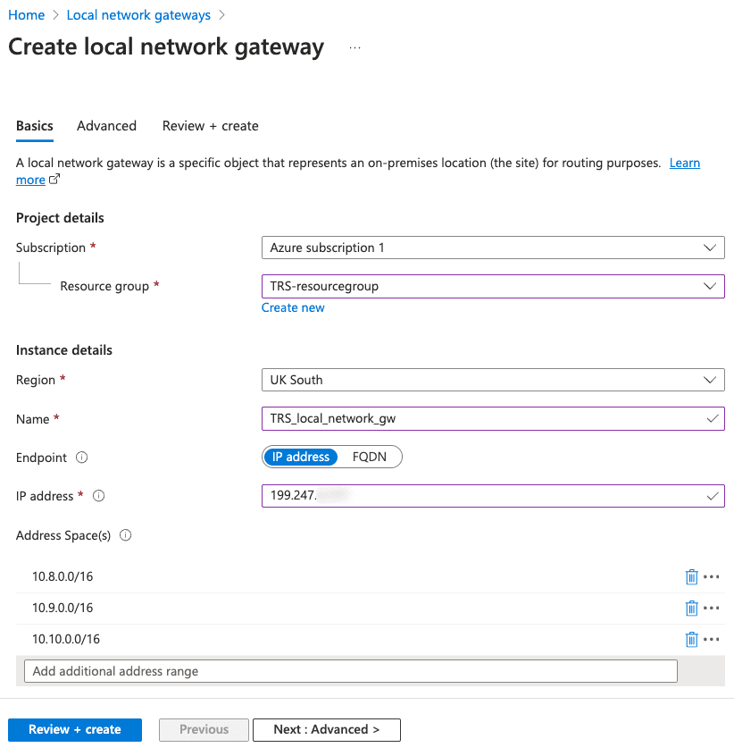 Azure Create local network gateway - Basics tab