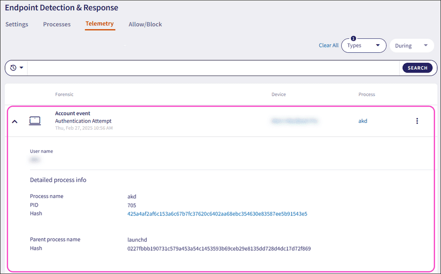 Account event detailed process info