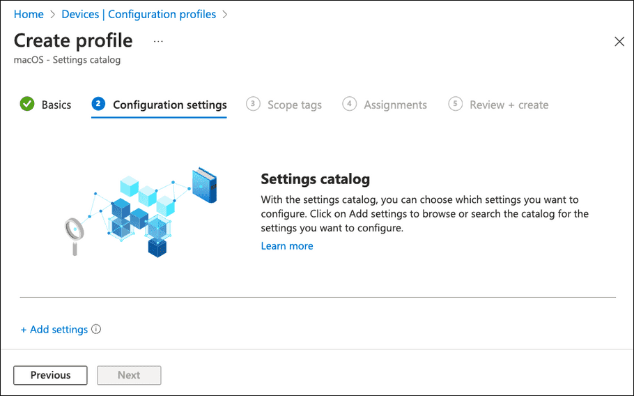 Create profile dialog - Configuration settings