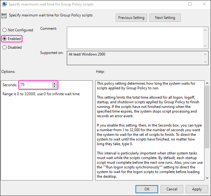 Set a wait time for Group Policy scripts