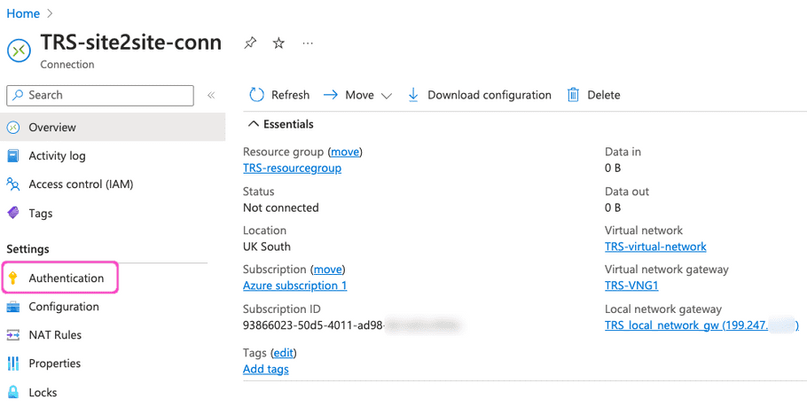 Azure connection resource - selecting Authentication