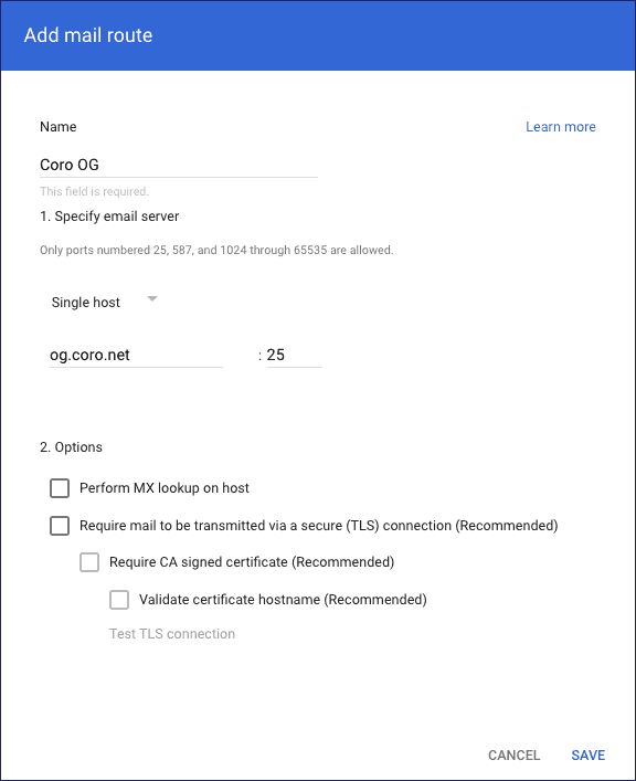 Add mail route dialog