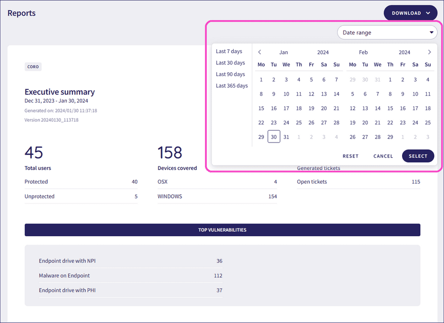 Date range for report